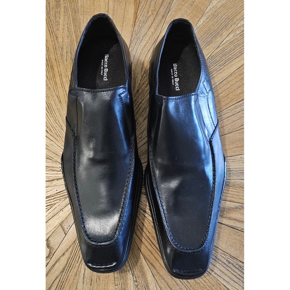 Bacco Bucci Black Leather Square-toe Loafers, Made in Italy, size 10 1/2